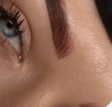 Close-up of a brow filled with fine hair-stroke pigment